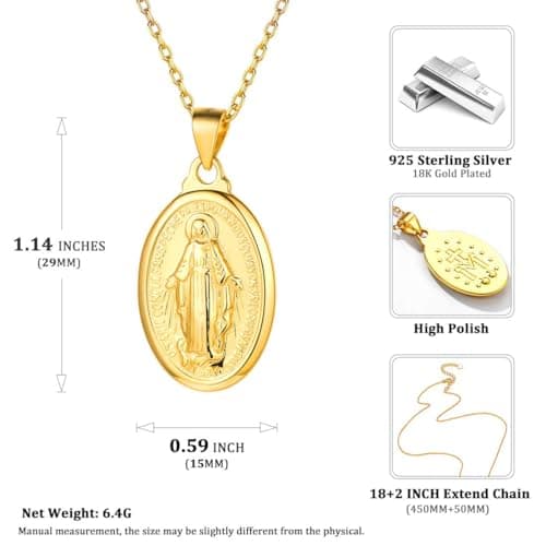 Nofade Silver Virgin Mary Pendant Necklace 925 Sterling Religious Jewelry for Women Men