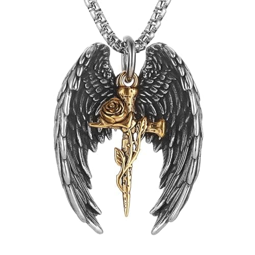 HZMAN Angel Wing Necklace Stainless Steel Gothic Punk Cross Pendant Faith Amulet Jewelry Gift