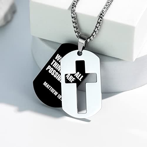 ZRAY Men's Stainless Steel Chain Dog Tag Necklace with Bible Verse Cross Pendant