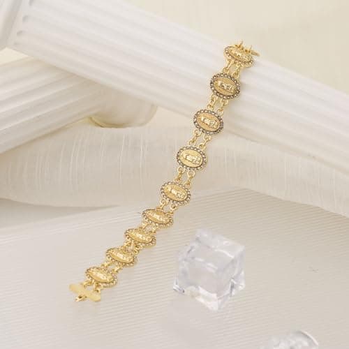 Women's Religious Virgin Mary Bracelet with Cubic Zirconia-Lined Our Lady of Guadalupe Links