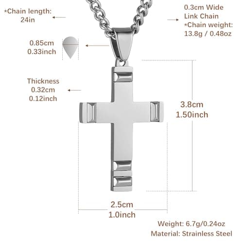 HZMAN Men's High Polished Stainless Steel Cross Necklace with 24 Inch Chain