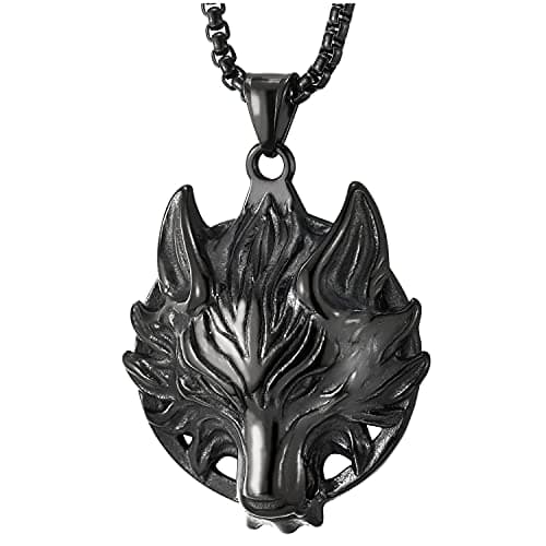 COOLSTEELANDBEYOND Mens Vintage Wolf Head Pendant Necklace, Punk Rock, 30 InchesSteel Chain