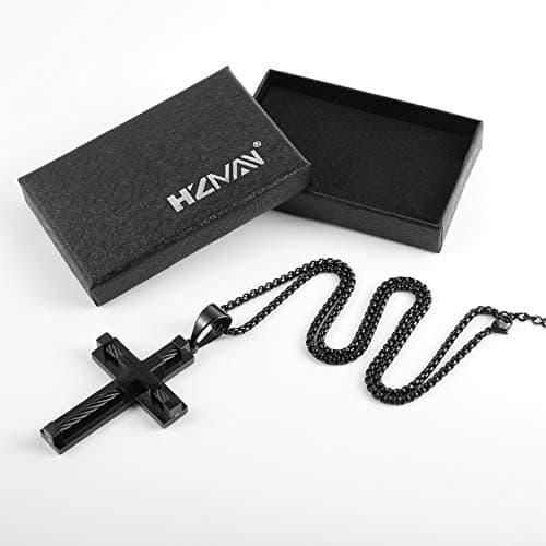 HZMAN Stainless Steel Men's Double Layer Cross Necklace with Cable Inlay 22+2 Inch Chain