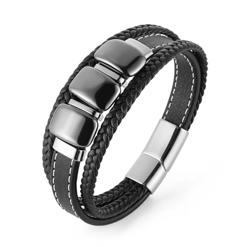 HZMAN Men's Minimalist Stainless Steel Hematite Bracelet, 8.5 İnch Genuine Leather