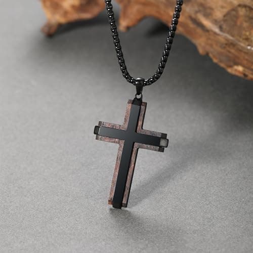 Ropartman Men's Real Ebony Cross Necklace Black Stainless Steel Pendant 24" Chain