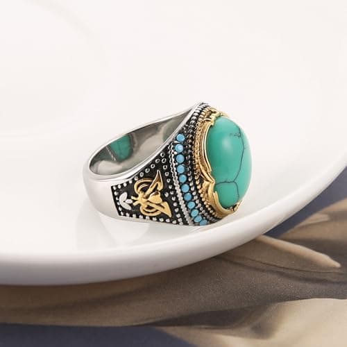 HZMAN Large Tiger Eye & Turquoise Gothic Wedding Ring Size 7-14