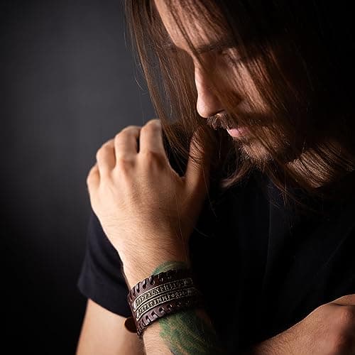 Baldur Jewelry Genuine Leather Viking Rune Bracelet, Adjustable for Men & Women