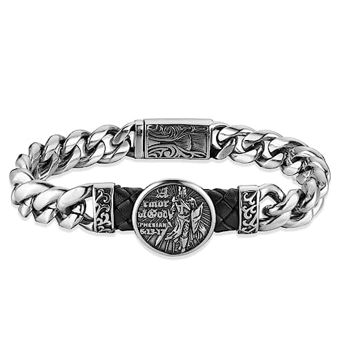 Knight Templar Red Cross Bracelet: Armor of God Stainless Steel Cuban Chain Link Bracelet