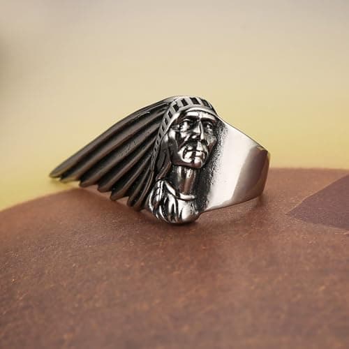 HZMAN Indian Chief Vintage Stainless Steel Head Ring for Men Jewelry Gift