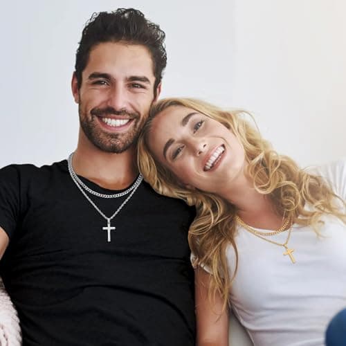 Fiusem Layered Mens Cross Necklace, Stainless Steel Pendant Rope Chain 16-26 Inch