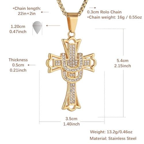 HZMAN Mens 18k Gold Plated Stainless Steel Hip-Hop Cross Cz Pendant Necklace