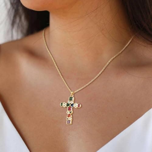 HZMAN Women's 18K Gold Plated Dainty Cross Pendant Necklace Cubic Zirconia Gift