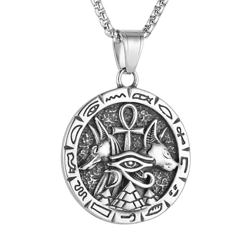 HZMAN Ancient Egyptian Symbol Necklace - Eye of Horus, Pyramid, Ankh, Anubis