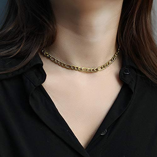 5mm Figaro Chain Necklace Gold Plated Stainless Steel for Men Women