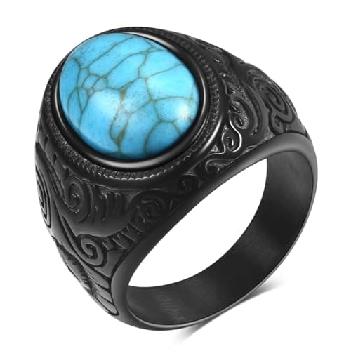 Retro Turquoise Stone Rings for Men, Stainless Steel Signet Biker Band