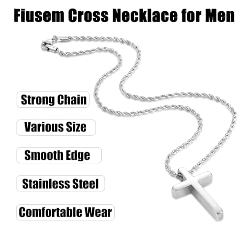 Fiusem Men's Stainless Steel Cross Necklace, 2.5mm Rope Chain, 16-28 inches
