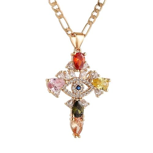 Crystal Cross Necklace for Women - Rose Gold Plated Evil Eye Pendant