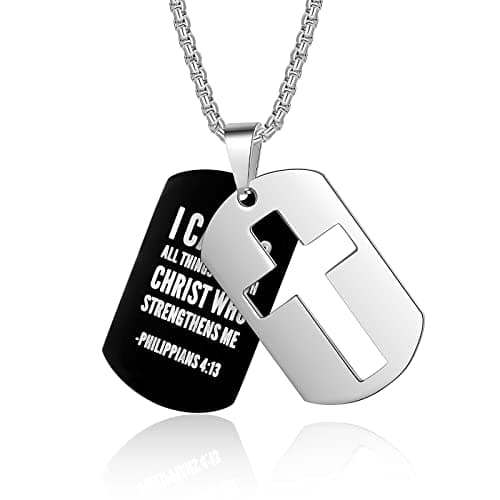ZRAY Men's Stainless Steel Chain Dog Tag Necklace with Bible Verse Cross Pendant