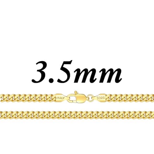 Eterjew Italian Solid 18k Gold Over 925 Sterling Silver Chain Necklace, 3.5mm Cuban Link, Sturdy & Shiny