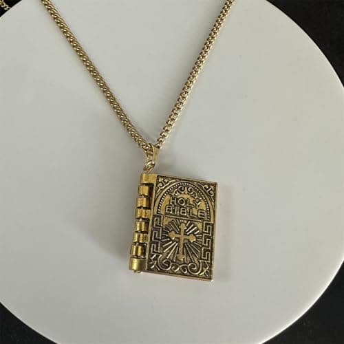 Holy Bible Book Pendant Necklace Charm Silver Alloy Cross Chain Jewelry Gifts