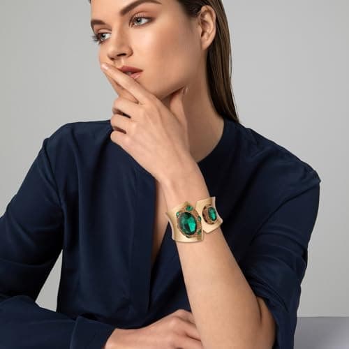 HZMAN Chunky Green Crystal Cuff Bracelet for Women Gold Plated Jewelry Gift