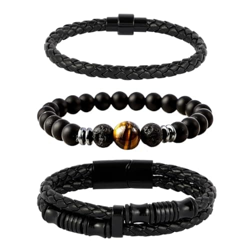 Eigso Wooden Bead PU Leather Cuff Bracelet for Men & Women