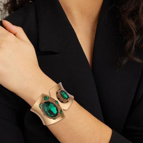 HZMAN Chunky Green Crystal Cuff Bracelet for Women Gold Plated Jewelry Gift