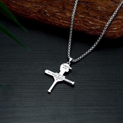 925 Sterling Silver Baseball Cross Necklace with Philippians 4:13 Engraving for Men and Women