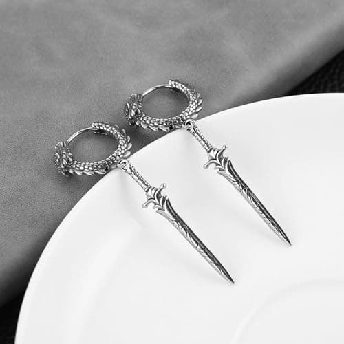 HZMAN Men's Gothic Punk Stainless Steel Dragon Knight Earrings Hinged Hoop Jewelry
