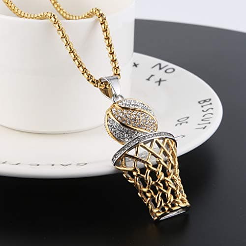 HZMAN Basketball Hoop Necklace for Men Boy Stainless Steel 18K Gold Plated Cubic Zirconia Sports Pendant