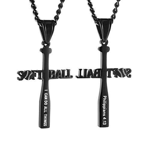 HZMAN Softball Bat Cross Pendant, I CAN DO ALL THINGS STRENGTH Bible Verse Necklace