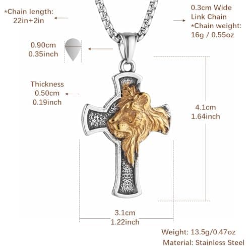 HZMAN Men's Gothic Lion Head Stainless Steel Cross Necklace with 24in Chain
