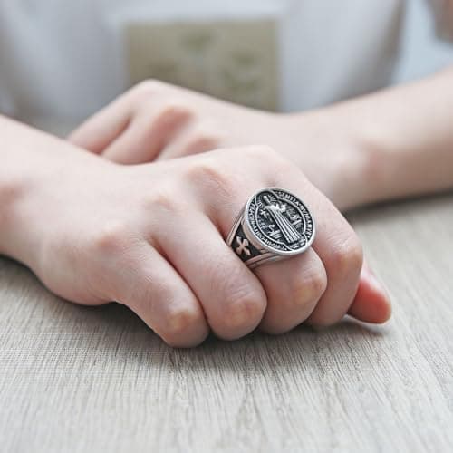 HZMAN St. Benedict Exorcism Ring - Protection for Ghost Hunters & Catholics Jewelry Gift