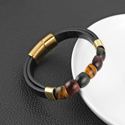 HZMAN Mens Gradient Tiger Eye Leather Bracelet for Leisure and Business