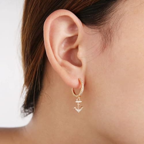 HZMAN 14K Gold Plated Cubic Zirconia Nautical Anchor Earrings for Women