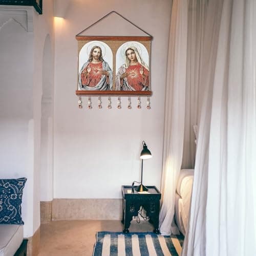 HZMAN Retro Handmade Jesus and Virgin Mary Wall Art Decor - Sacred Heart Aesthetic for Living Room or Bedroom, Framed 16x12.5 Inch