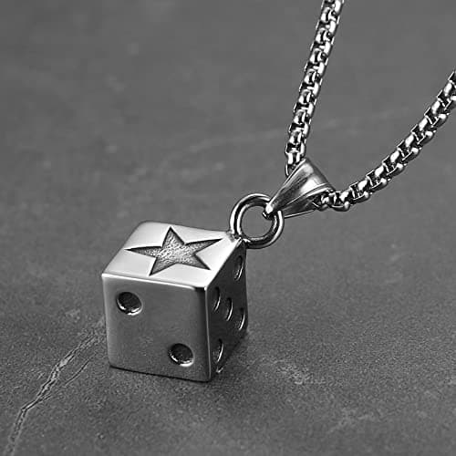 HZMAN Men's Dice Stainless Steel Gothic Pendant, Lucky Jewelry (Silver)
