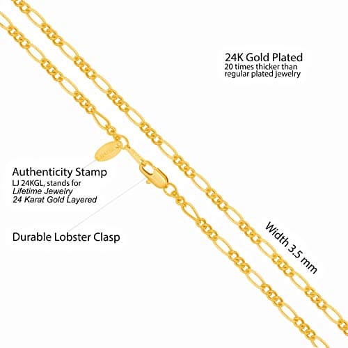3.5mm Figaro Chain Necklace for Men and Women - 24k Real Gold Plated