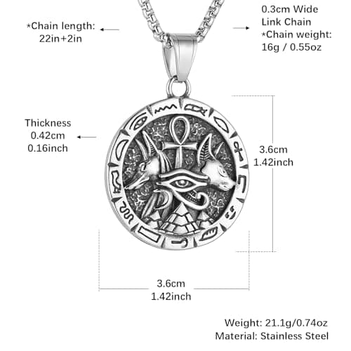 HZMAN Ancient Egyptian Symbol Necklace - Eye of Horus, Pyramid, Ankh, Anubis