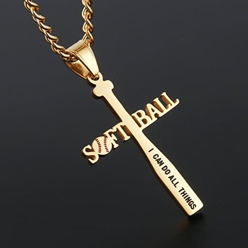 HZMAN Softball Bat Cross Pendant - I CAN DO ALL THINGS STRENGTH Necklace