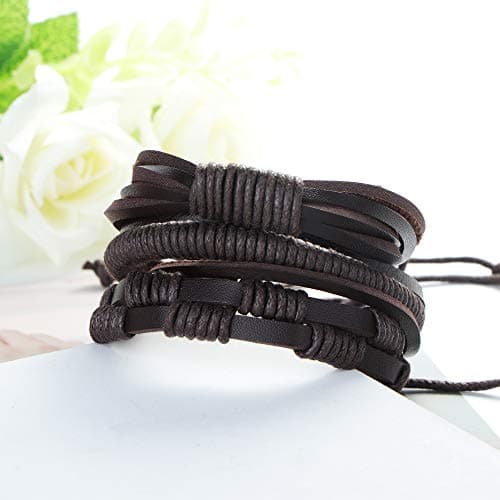 18pcs Braided Leather Cuff Bracelets Wood Beads Adjustable Ethnic Tribal Bracers HANPABUM