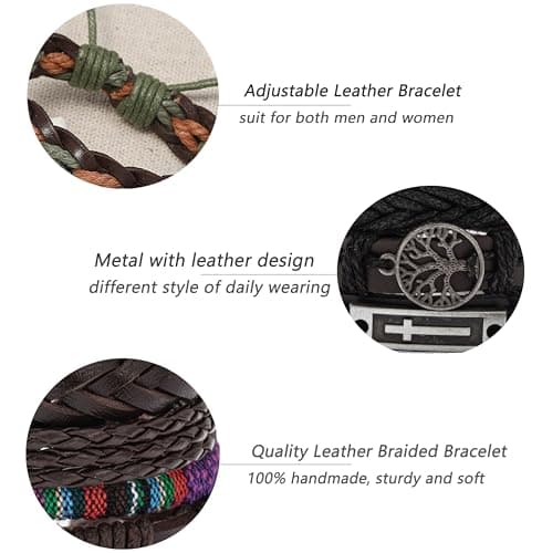 MONAZEO Woven Cuff Bracelets for Men & Women with Wood Beads & Hemp Cords Set
