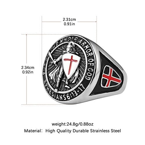 Knights Templar Men's Stainless Steel Ring with Red Cross Design