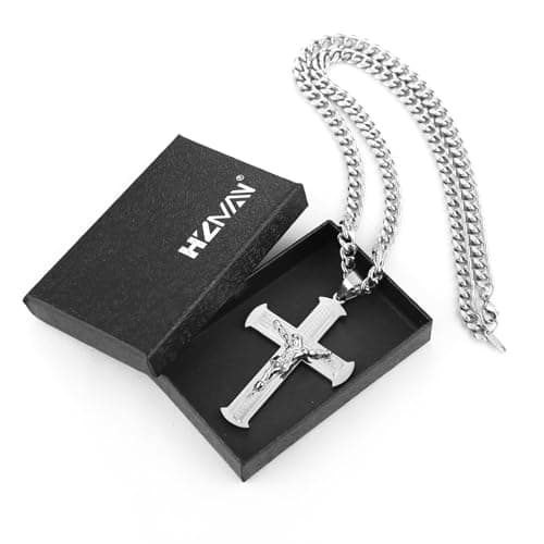 HZMAN Large Stainless Steel Crucifix Necklace for Men Christian Jewelry Gift