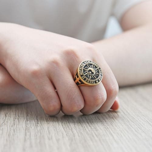 HZMAN Men's Stainless Steel Sun Moon Ring with Biblical Verse Cross Christian Jewelry