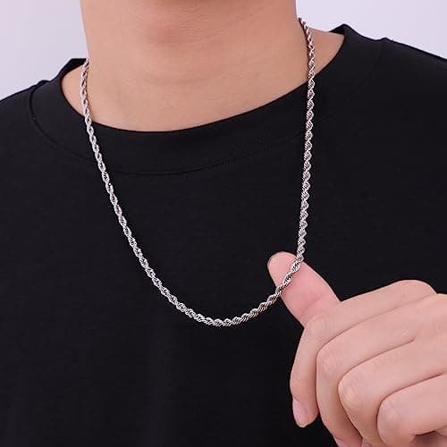 Fiusem 3mm Stainless Steel Chain Necklace for Men, Silver Tone