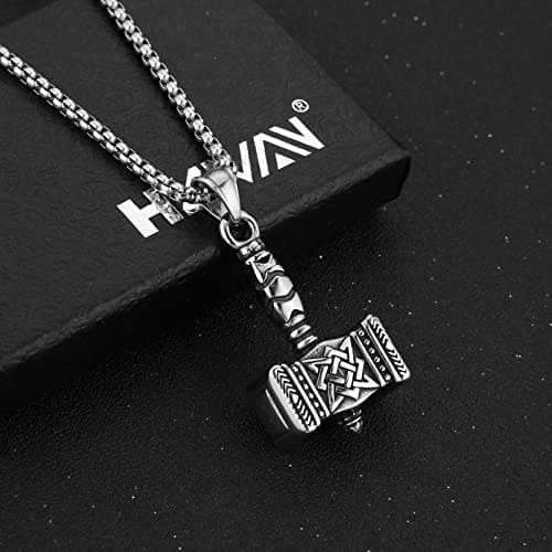 HZMAN Stainless Steel Thor Hammer Pendant Necklace 22+2 Inch Chain