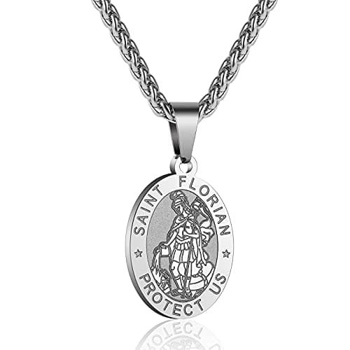 Apsvo Oval Catholic Saints Pendant Medallion, Stainless Steel Wheat Chain 24 Inches