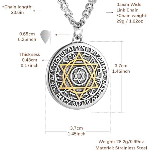 HZMAN Men's Stainless Steel Seal of Solomon Necklace - Retro Hexagram Talisman Pendant Gift