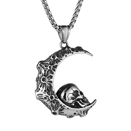 HZMAN Gothic Retro Moon Crescent Skull Stainless Steel Pendant Necklace